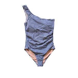 J.Crew Sleek Ruched One Shoulder One Piece‎ Navy Gingham Swimsuit Size 14